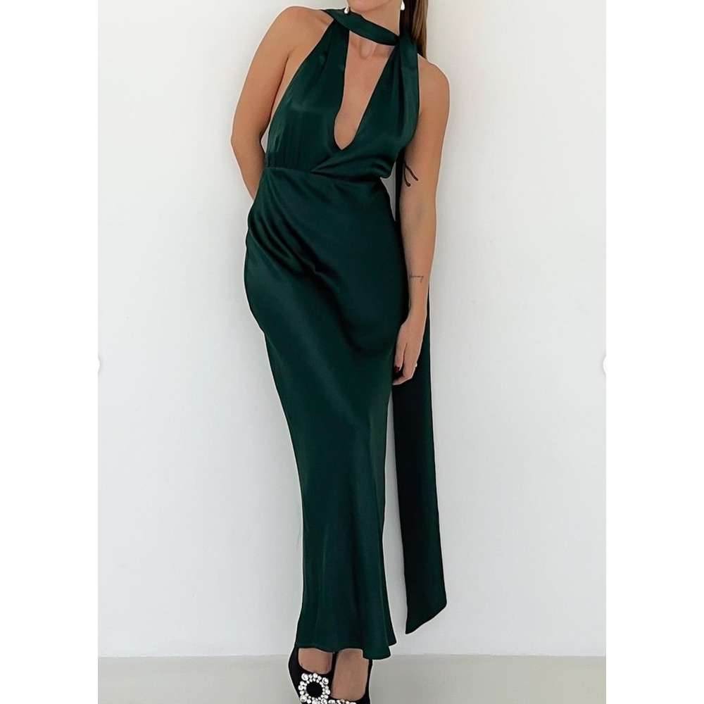 NWT Rumored Thelma Midi Dress Halter V Neck Sleeveless Party Satin‎ Green XS